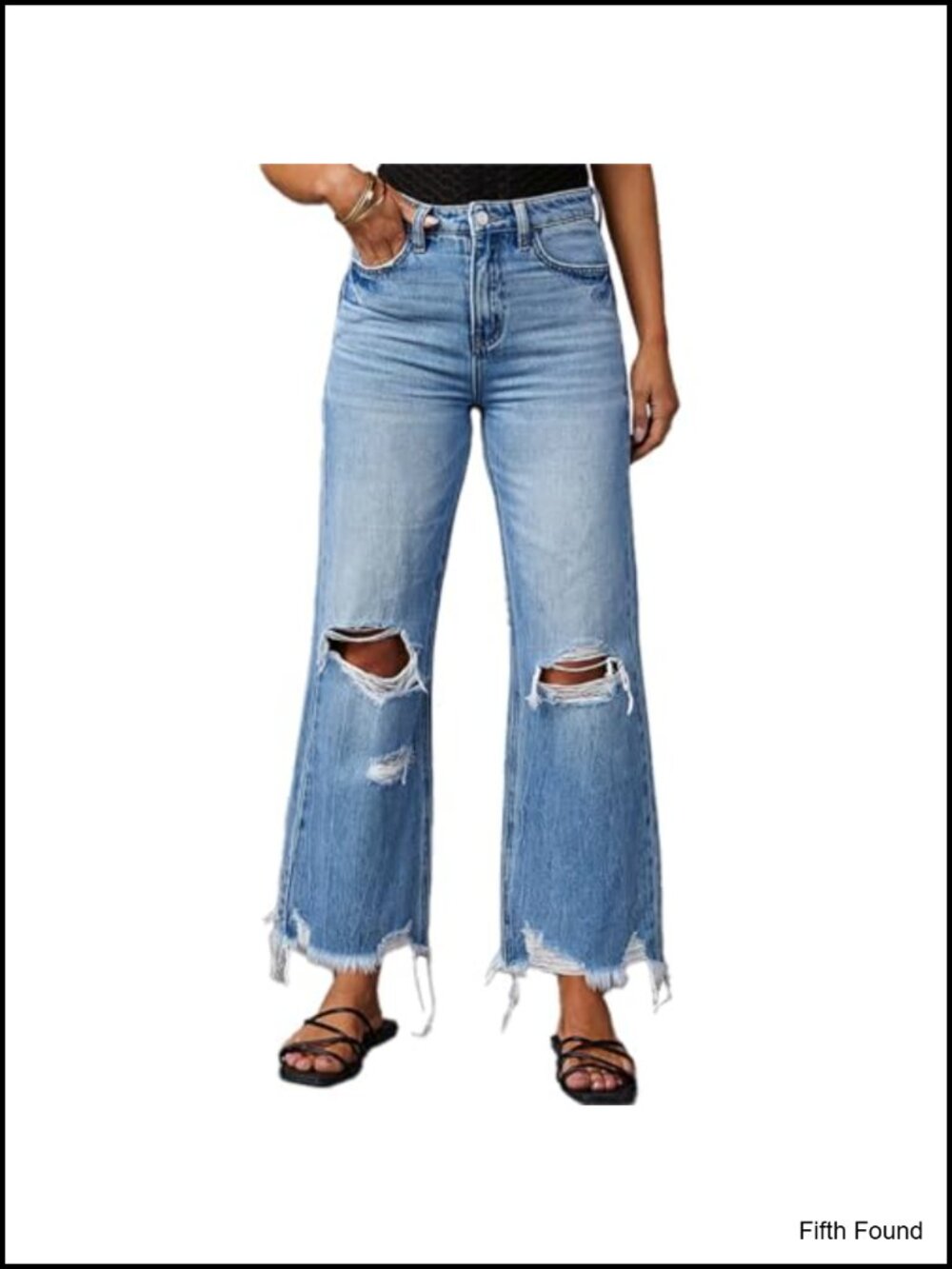 High Rise Ripped Bell Bottom Jeans Distressed Raw Edge Wide Leg Denim Pants